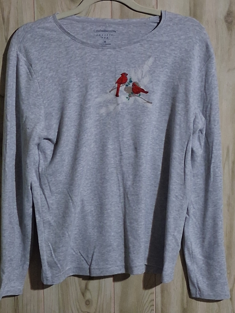 croft & barrow Light Gray Long Sleeve Tee with Red Cardinal Embroidery